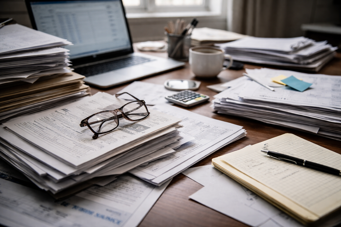 Messy desk, including file folders, stacks of papers, glasses, and an open laptop.